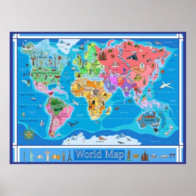 Large Kids Illustrated World Map - 42 x 32 Poster (Front)