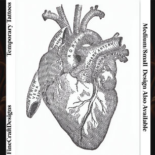 Large Labelled Vintage Anatomical Heart, Black Temporary Tattoos