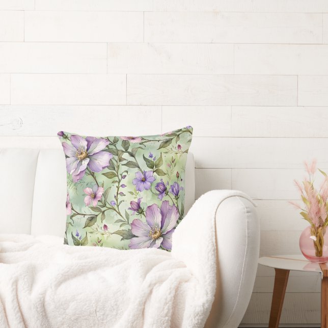Large Lavender Flowers on Mint Throw Pillow (Couch)