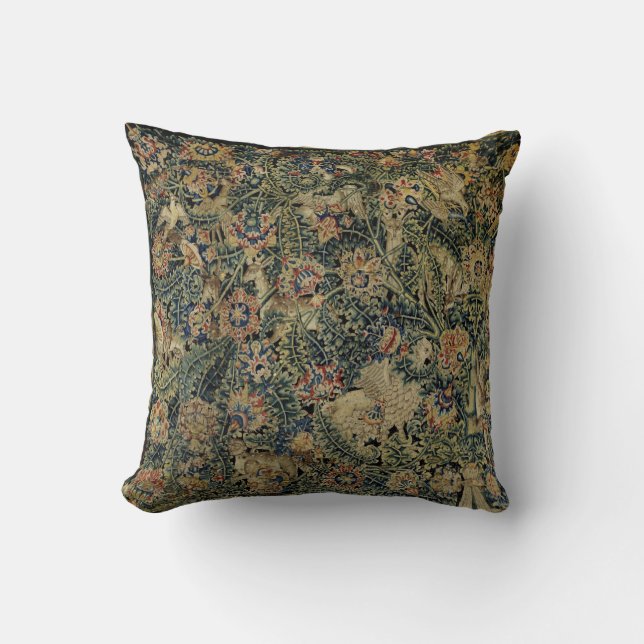 Large Leaf Verdure & Animals Renaissance Tapestry Throw Pillow (Front)