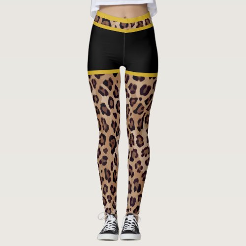 Large Leopard Print Black Shorts Yellow Stripes Leggings