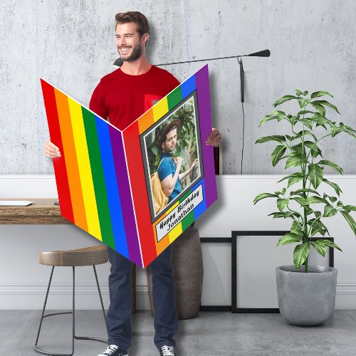 Large LGBTQ Rainbow Flag Photo and Name Birthday Card