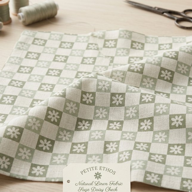 Large Light Green Daisy Checkerboard Natural Linen Fabric (Creator Uploaded)