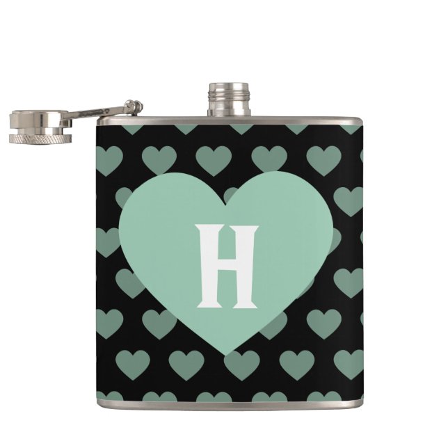 Large Light Green Heart & Black Background Flask (Opened)