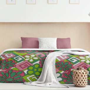 Large Lime Green & Pink Retro Flower Pattern Duvet Cover