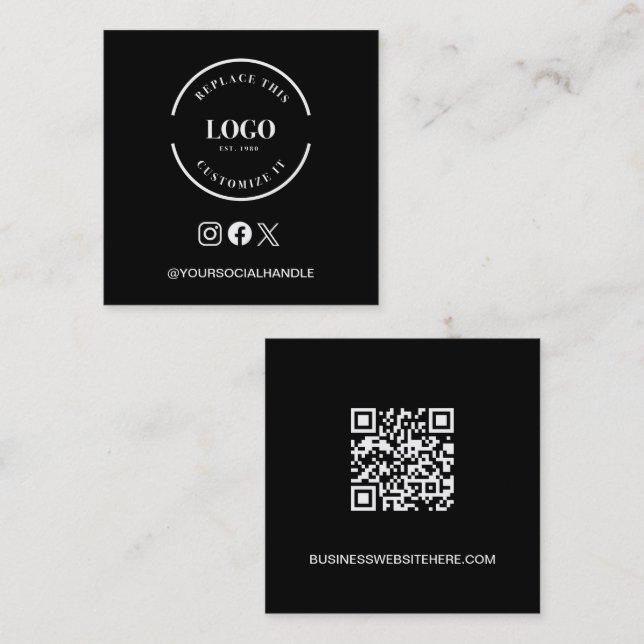 Large Logo Website Social Icons Custom Black Square Business Card (Front/Back)