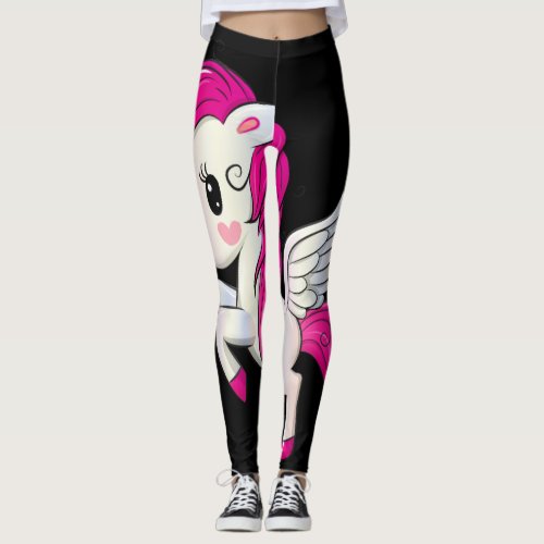 Large Magical Flying Unicorn on Black Leggings