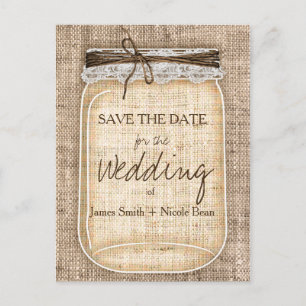 Large Mason Jar & Burlap Lace Rustic Save the Date Announcement Postcard
