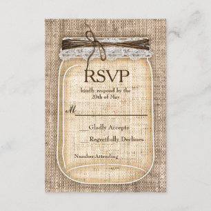Large Mason Jar & Burlap Lace Rustic Wedding RSVP Card