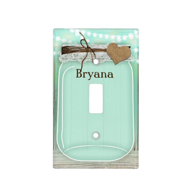 Large Mason Jar & Lights Mint Rustic Country Light Switch Cover (Front)