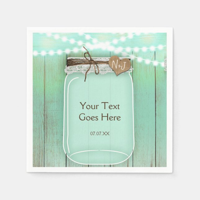 Large Mason Jar & Lights Mint Rustic Wedding Paper Napkins (Front)