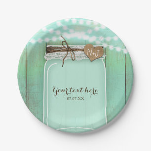 Large Mason Jar & Lights Mint Rustic Wedding Paper Plates