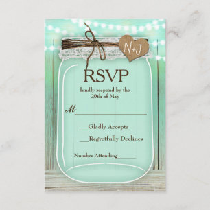 Large Mason Jar & Lights Mint Rustic Wedding RSVP Card