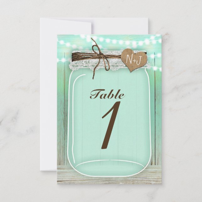 Large Mason Jar & Lights Mint Table Number Card (Front)