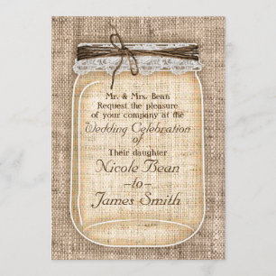 Large Mason Jar with Burlap & Lace Rustic Wedding Invitation