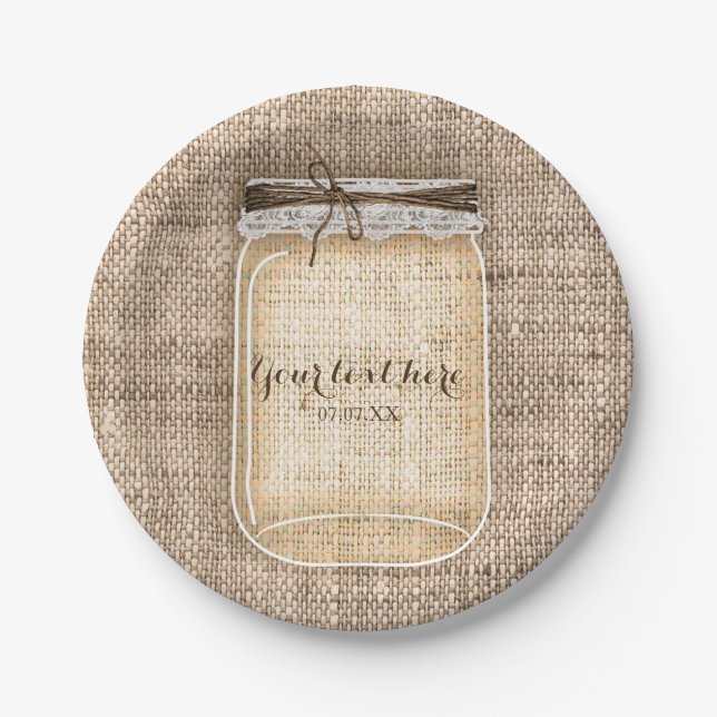 Large Mason Jar with Burlap & Lace Rustic Wedding Paper Plates (Front)