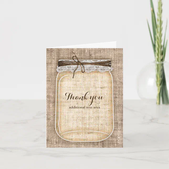 Large Mason Jar with Burlap & Lace Rustic Wedding Thank You Card | Zazzle