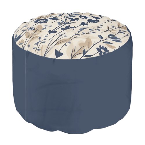 Large Modern Navy Blue Wildflower Pouf