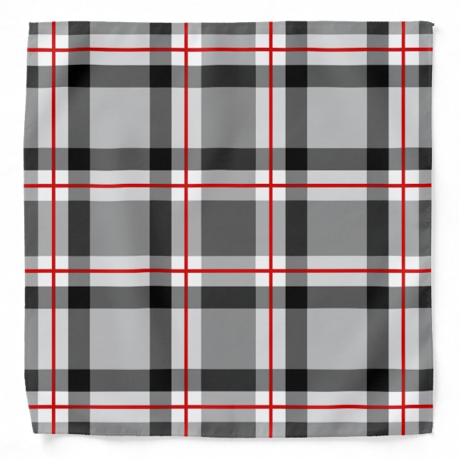 Large Modern Plaid, Black, White, Gray and Red Bandana (Front)