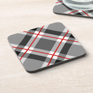 Large Modern Plaid, Black, White, Gray and Red Beverage Coaster