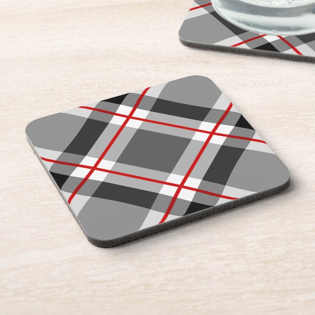 Large Modern Plaid, Black, White, Gray and Red Beverage Coaster (Left Side)
