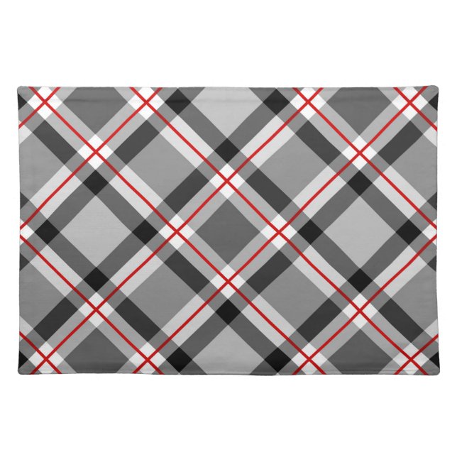 Large Modern Plaid, Black, White, Gray and Red Cloth Placemat (Front)