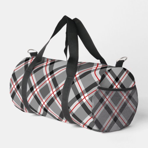 Large Modern Plaid Black White Gray and Red Duffle Bag