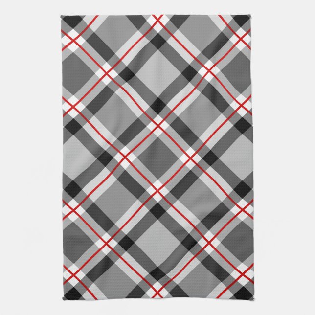 Large Modern Plaid, Black, White, Gray and Red Kitchen Towel (Vertical)