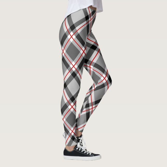Large Modern Plaid, Black, White, Gray and Red Leggings (Right)