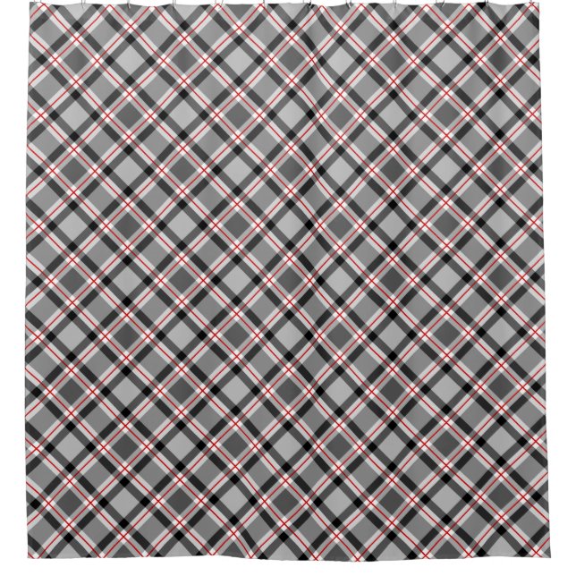 Large Modern Plaid, Black, White, Gray and Red Shower Curtain (Front)