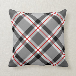Large Modern Plaid, Black, White, Gray and Red Throw Pillow