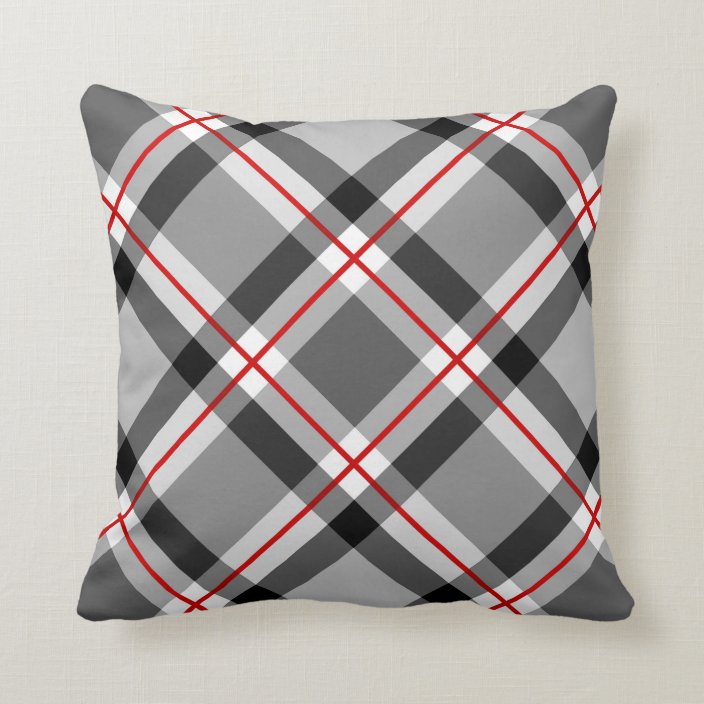 Large Modern Plaid, Black, White, Gray and Red Throw Pillow