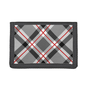 Large Modern Plaid, Black, White, Gray and Red Tri Trifold Wallet