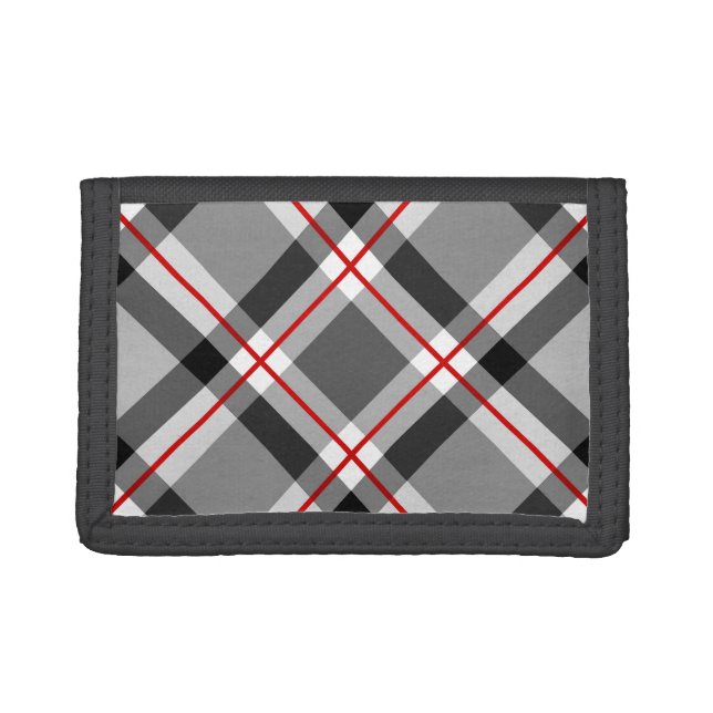 Large Modern Plaid, Black, White, Gray and Red Tri Trifold Wallet (Front)