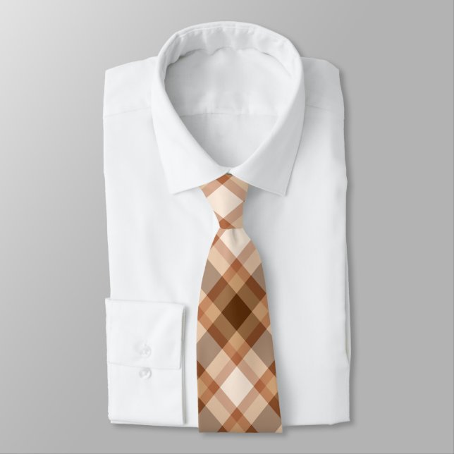 Large Modern Plaid, Brown, Beige, Copper, and Tan Tie (Tied)