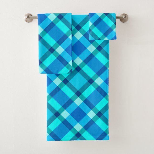Large Modern Plaid, Cobalt Blue, Aqua & Turquoise Bath Towel Set (Insitu)