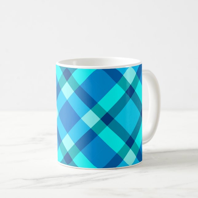 Large Modern Plaid, Cobalt Blue, Aqua & Turquoise Coffee Mug (Front Right)