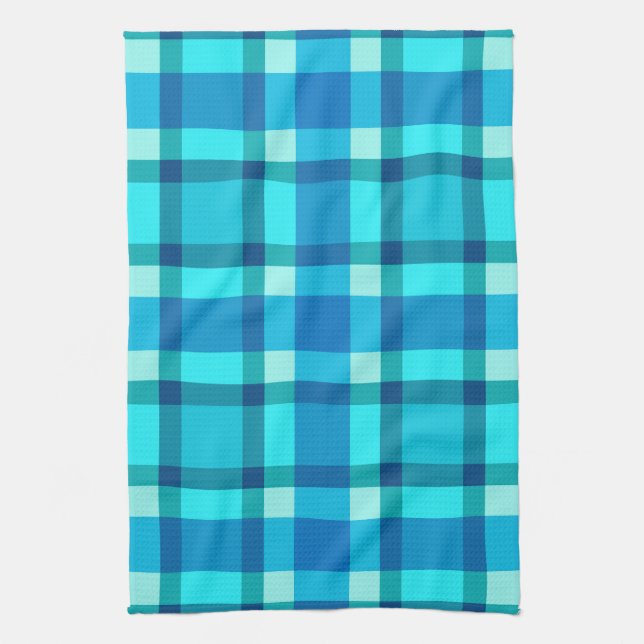 Large Modern Plaid, Cobalt Blue, Aqua & Turquoise Kitchen Towel (Vertical)