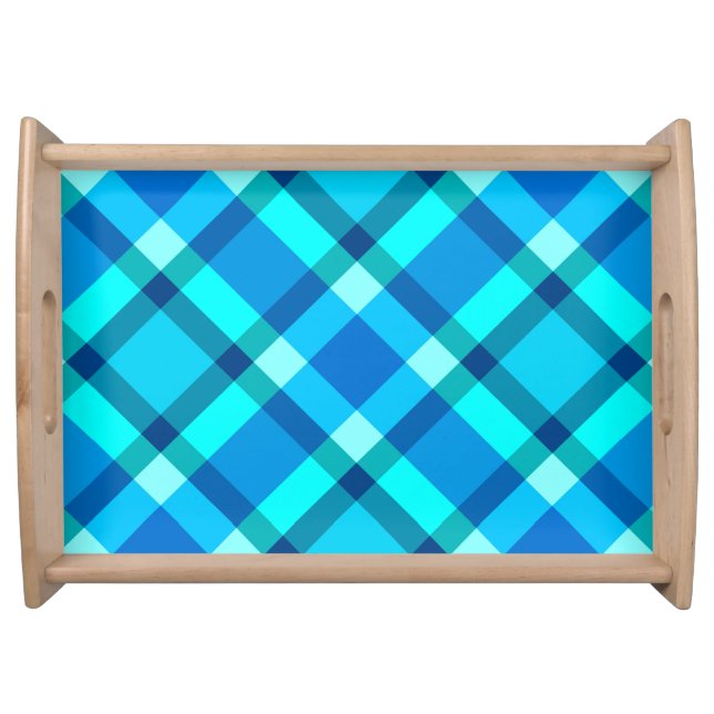Large Modern Plaid, Cobalt Blue, Aqua & Turquoise Serving Tray (Front)