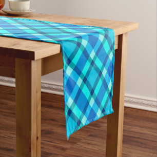 Large Modern Plaid, Cobalt Blue, Aqua & Turquoise Short Table Runner