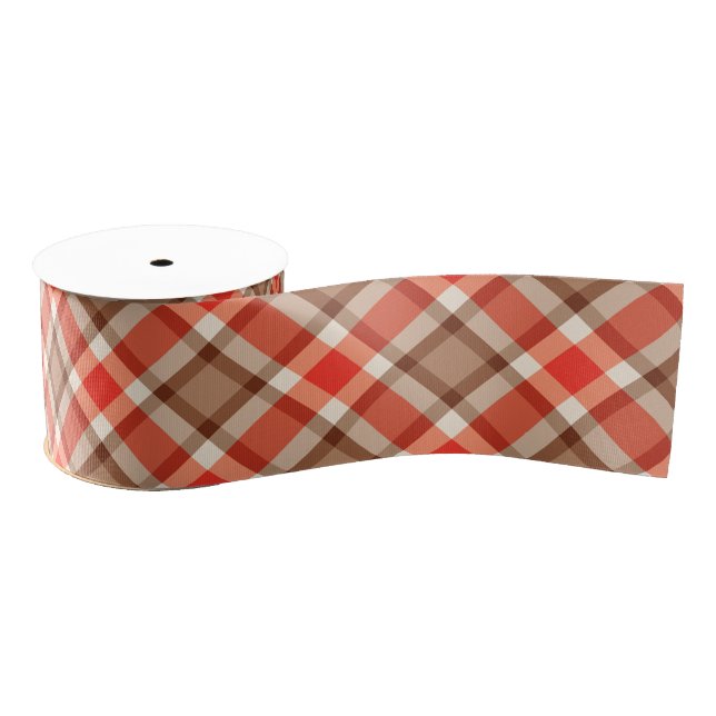 Large Modern Plaid, Coral Orange, Brown & Tan Grosgrain Ribbon (Spool)