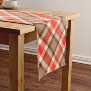 Large Modern Plaid, Coral Orange, Brown & Tan Short Table Runner