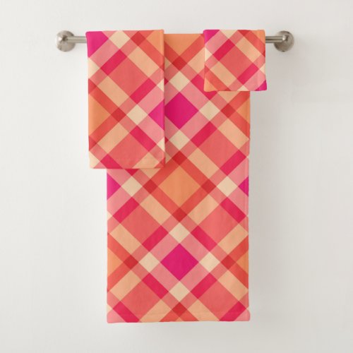 Large Modern Plaid Orange Coral and Fuchsia Pink Bath Towel Set