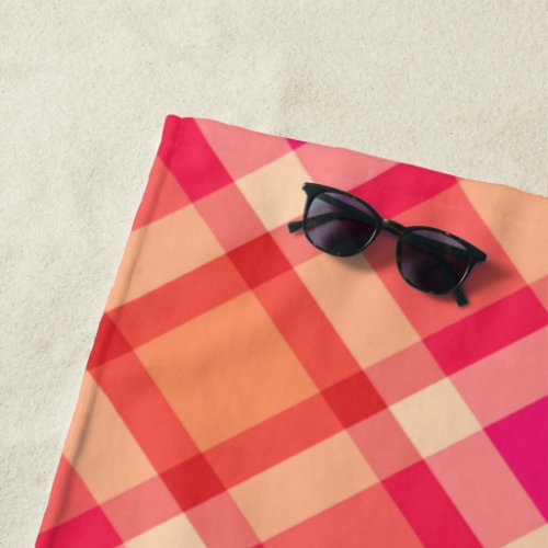 Large Modern Plaid Orange Coral and Fuchsia Pink Beach Towel