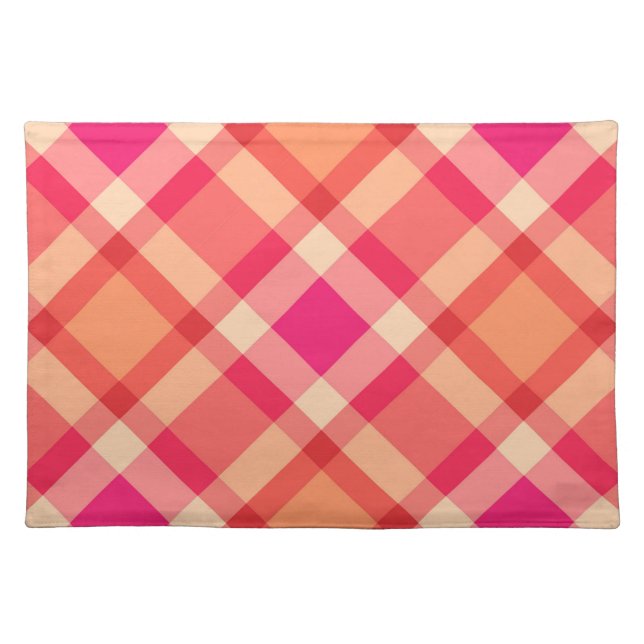 Large Modern Plaid, Orange, Coral and Fuchsia Pink Cloth Placemat (Front)