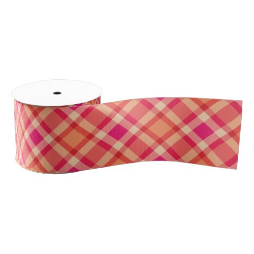 Large Modern Plaid Orange Coral and Fuchsia Pink Grosgrain Ribbon