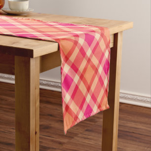 Large Modern Plaid, Orange, Coral and Fuchsia Pink Short Table Runner