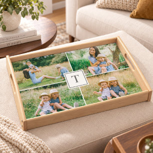 Large Modern White Square Monogram Photo Serving Tray