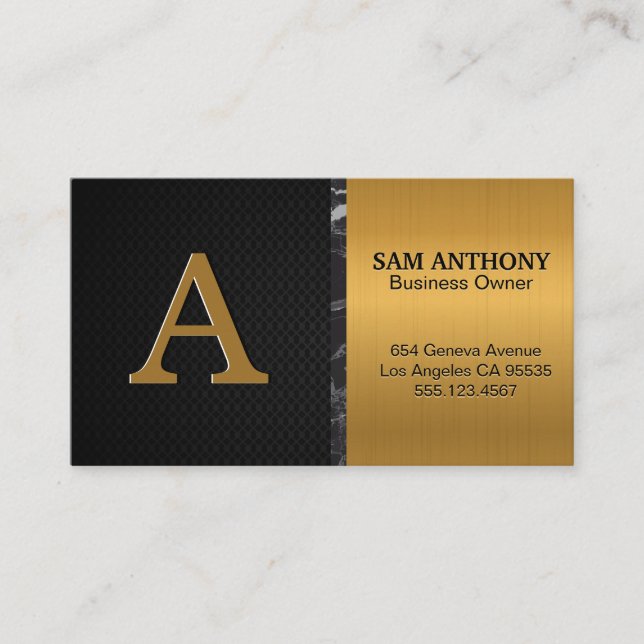 Large Monogram |Gold Metallic Black Marble Mesh Business Card (Front)
