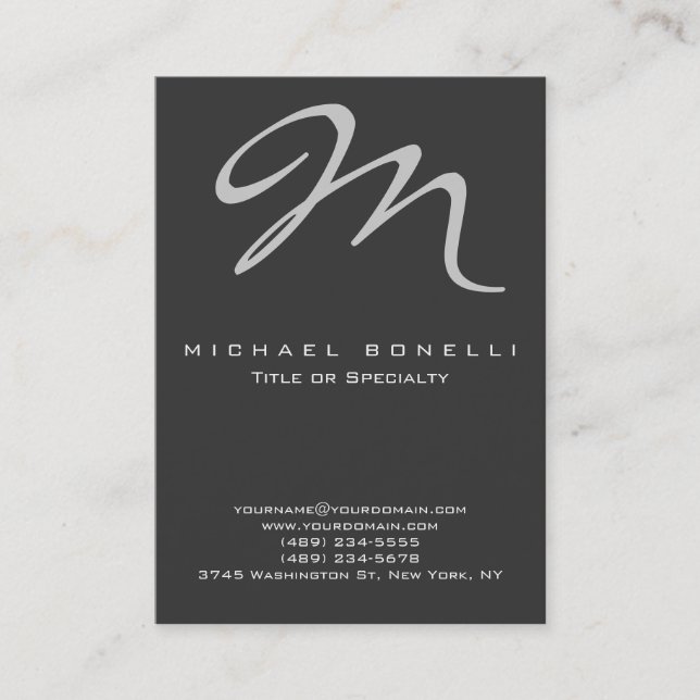 Large Monogram Grey Calligraphy Business Card (Front)